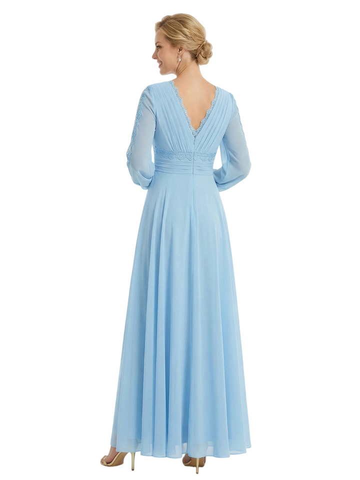 Chicsew Mother of The Bride Dresses V-Neck Long Sleeve Lace Chiffon Maxi Gown Classy Ruched Formal Wedding Event Attire