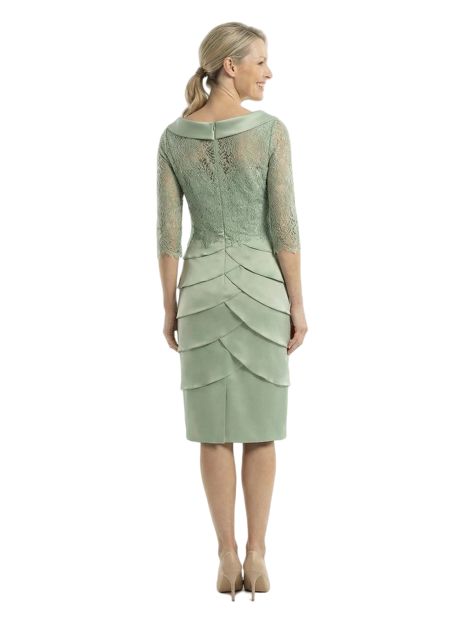 Chicsew Sophisticated Scoop Silky Satin Sheath Lace Sleeves Mother Of The Groom Knee-Length Dress