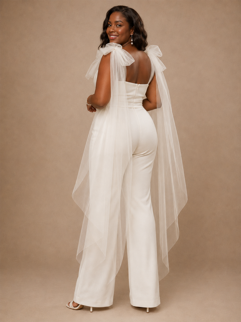 ChicSew Unique Crepe Sleeveless Long Wedding Jumpsuit With Tulle Bow Straps
