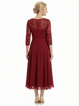 Chicsew Sophisticated Long Sleeves Lace Top Chiffon A-Line Tea-Length Wedding Dress For Mother Of The Bride