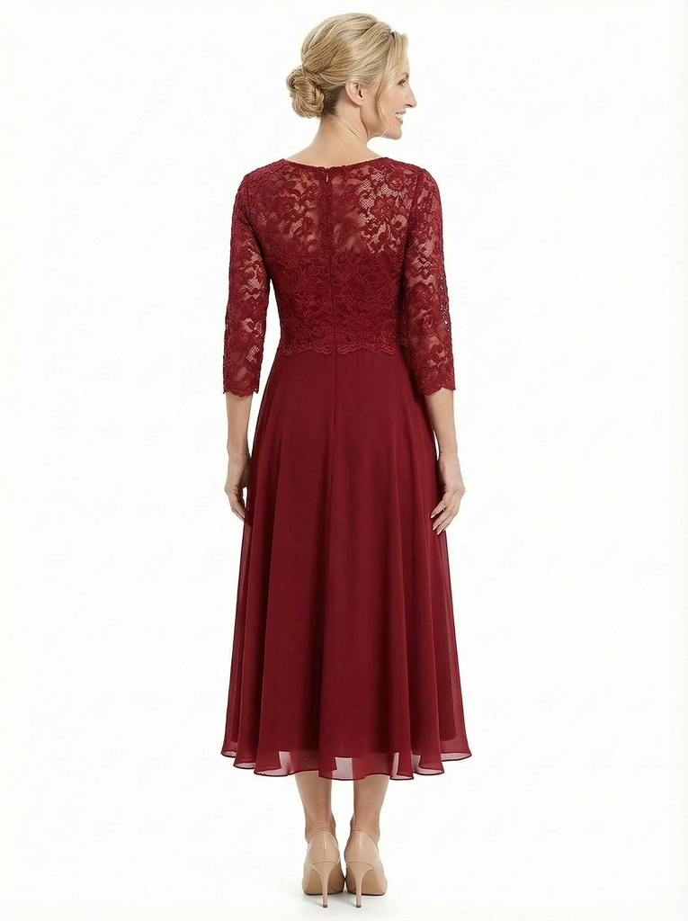 Chicsew Sophisticated Long Sleeves Lace Top Chiffon A-Line Tea-Length Wedding Dress For Mother Of The Bride