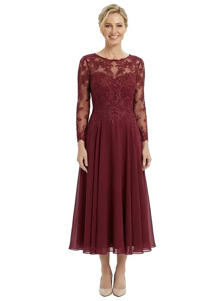Chicsew Sophisticated Long Sleeves Lace Top Chiffon A-Line Tea-Length Wedding Dress For Mother Of The Bride