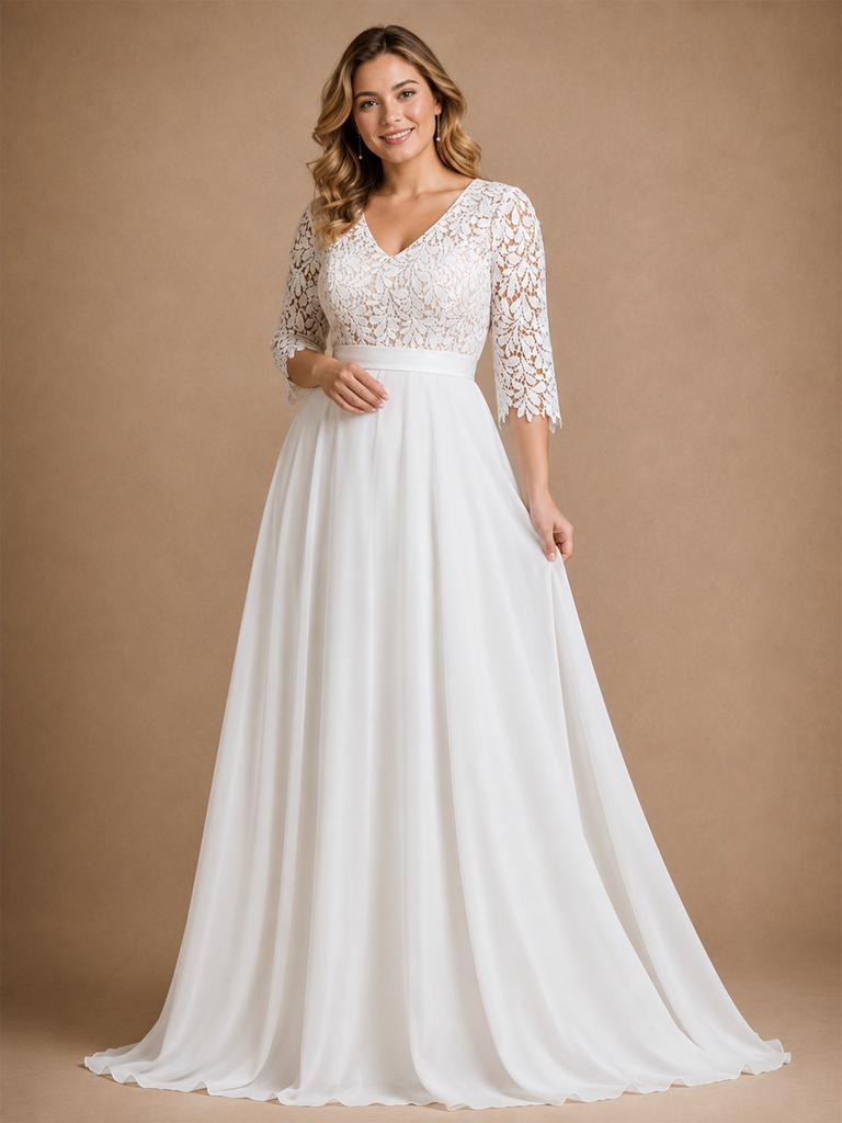 ChicSew Classy V-Neck Lace Chiffon 3/4 Sleeves A-Line Floor-Length Wedding Dress