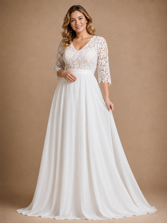ChicSew Classy V-Neck Lace Chiffon 3/4 Sleeves A-Line Floor-Length Wedding Dress