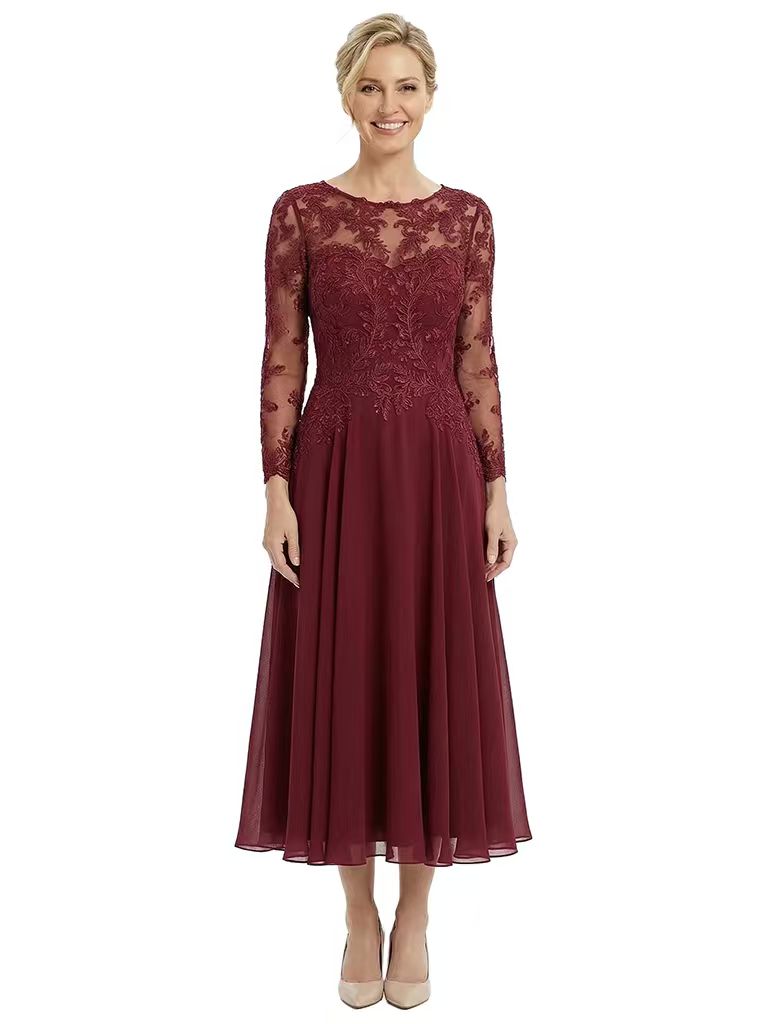 Chicsew Sophisticated Long Sleeves Lace Top Chiffon A-Line Tea-Length Wedding Dress For Mother Of The Bride