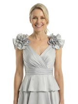 Chicsew Mother of The Bride Dresses V-Neck Sleeveless Satin Tiered Maxi Gown Unique Flower Detailed Formal Wedding Event Attire