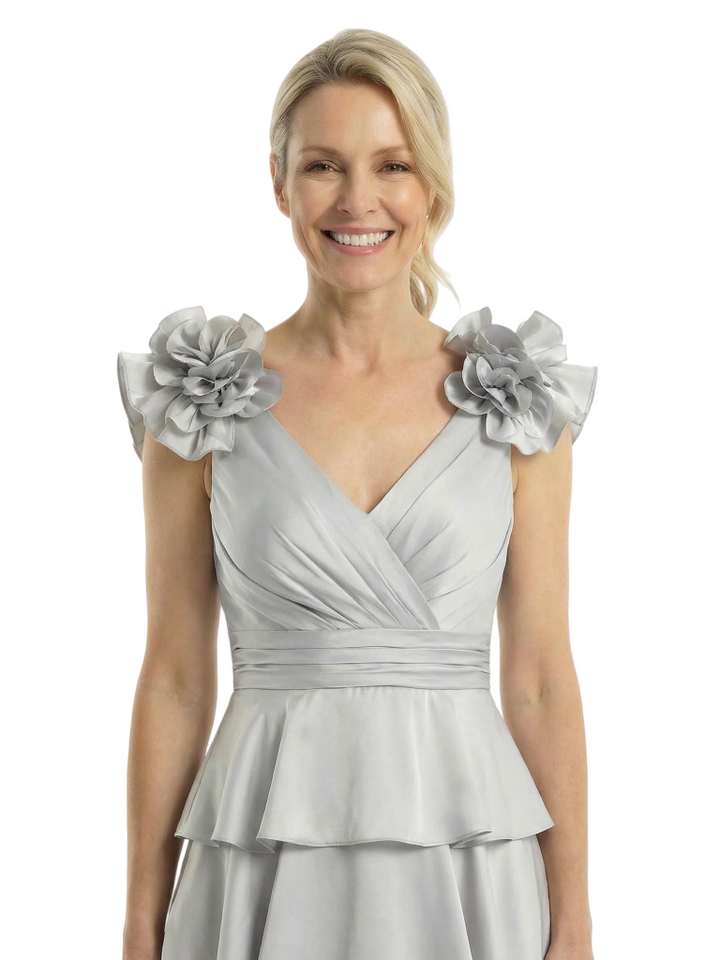Chicsew Mother of The Bride Dresses V-Neck Sleeveless Satin Tiered Maxi Gown Unique Flower Detailed Formal Wedding Event Attire