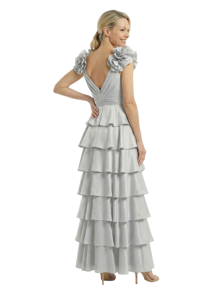 Chicsew Mother of The Bride Dresses V-Neck Sleeveless Satin Tiered Maxi Gown Unique Flower Detailed Formal Wedding Event Attire