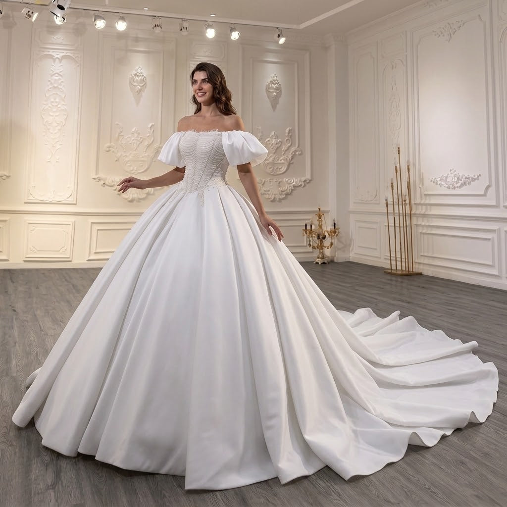 ChicSew Off Shoulder Beaded Ball Gown Wedding Dress