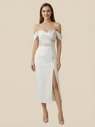 Mermaid Off Shoulder Tea-Length Lace Satin Wedding Dresses Online