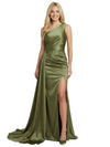 Elegant One Shoulder Sleeveless Ruched Mermaid Satin Formal Prom Dress With Waist Drape