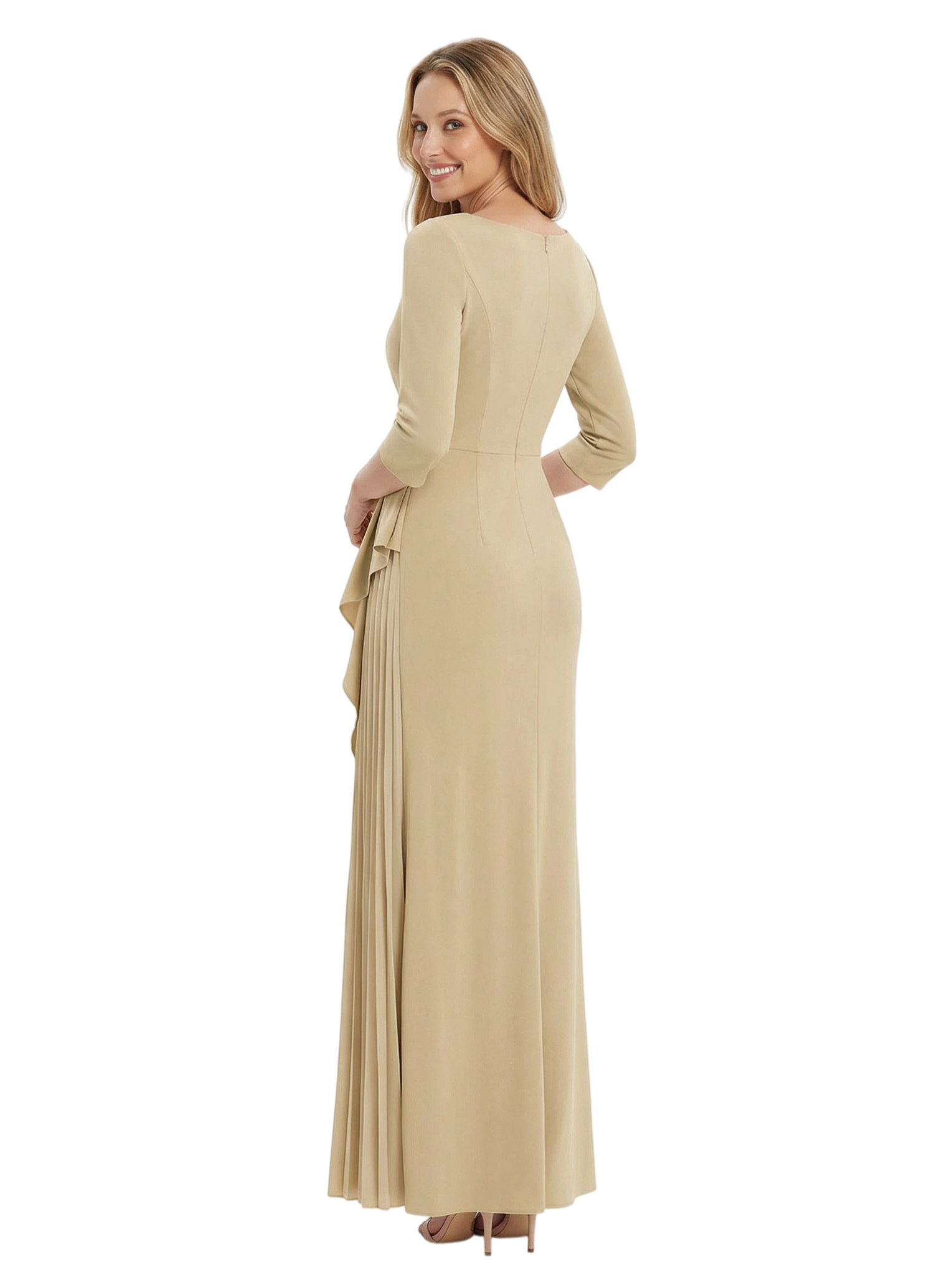 Chicsew Elegant V-Neck 3/4 Sleeves Pleated Floor Length Sheath Mother Of The Groom Dress