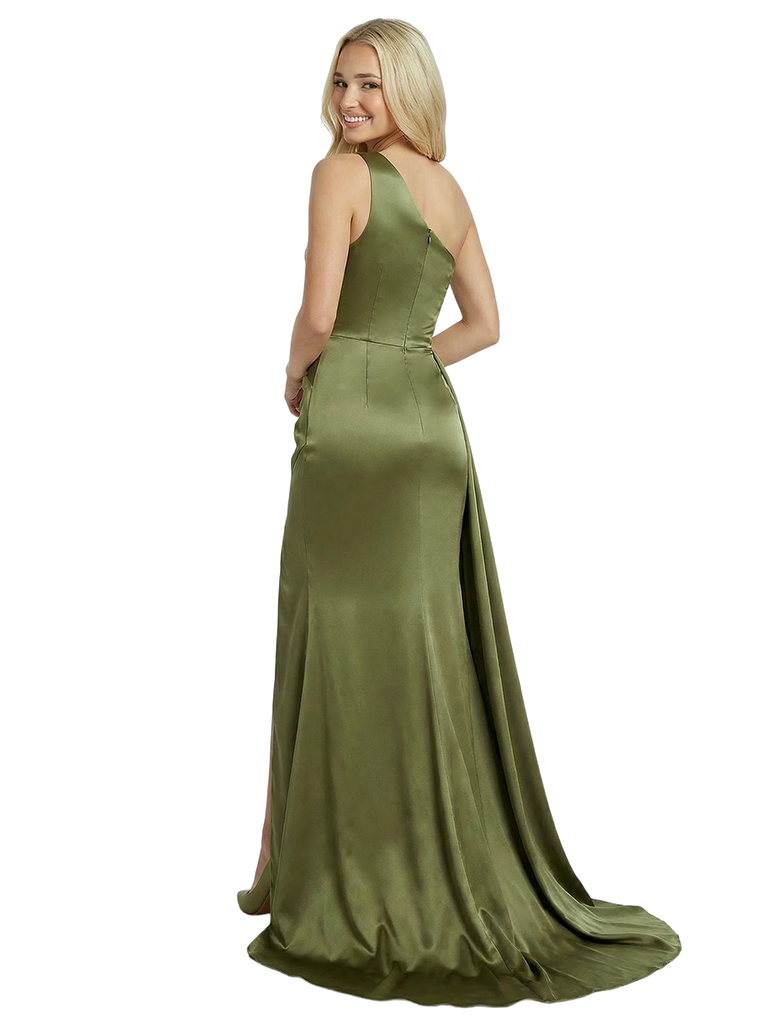 Elegant One Shoulder Sleeveless Ruched Mermaid Satin Formal Prom Dress With Waist Drape