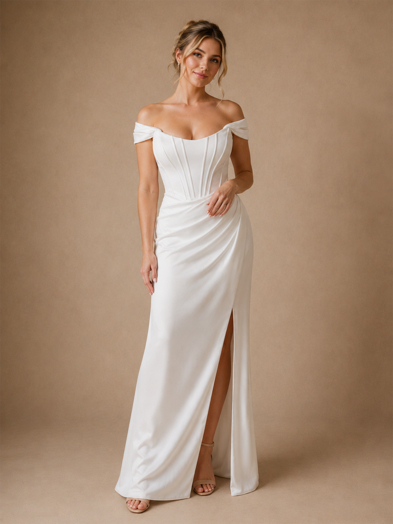 ChicSew Modern Off Shoulder Boning Satin Ruching Long Mermaid Wedding Dress
