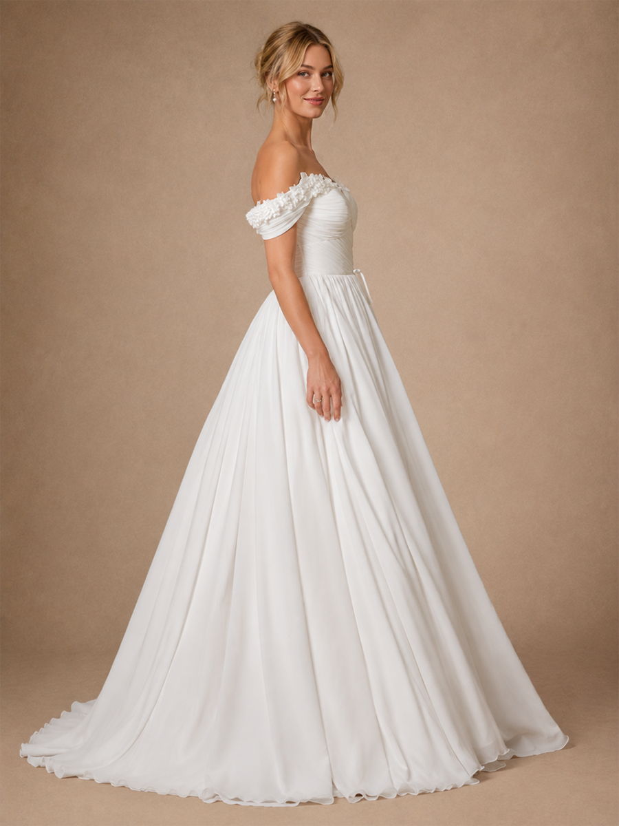 ChicSew Elegant V-Neck Off The Shoulder Chiffon A-Line Maxi Wedding Dress With 3D Flowers