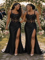ChicSew Spaghetti Straps Lace Appliques Side Slit Mermaid Soft Satin Bridesmaid Dresses With Boning