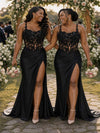 ChicSew Spaghetti Straps Lace Appliques Side Slit Mermaid Soft Satin Bridesmaid Dresses With Boning