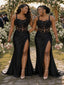 ChicSew Spaghetti Straps Lace Appliques Side Slit Mermaid Soft Satin Bridesmaid Dresses With Boning