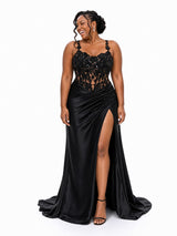 ChicSew Spaghetti Straps Lace Appliques Side Slit Mermaid Soft Satin Bridesmaid Dresses With Boning
