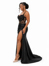 ChicSew Spaghetti Straps Lace Appliques Side Slit Mermaid Soft Satin Bridesmaid Dresses With Boning