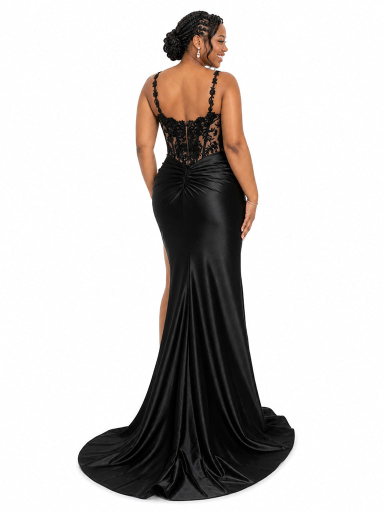 ChicSew Spaghetti Straps Lace Appliques Side Slit Mermaid Soft Satin Bridesmaid Dresses With Boning