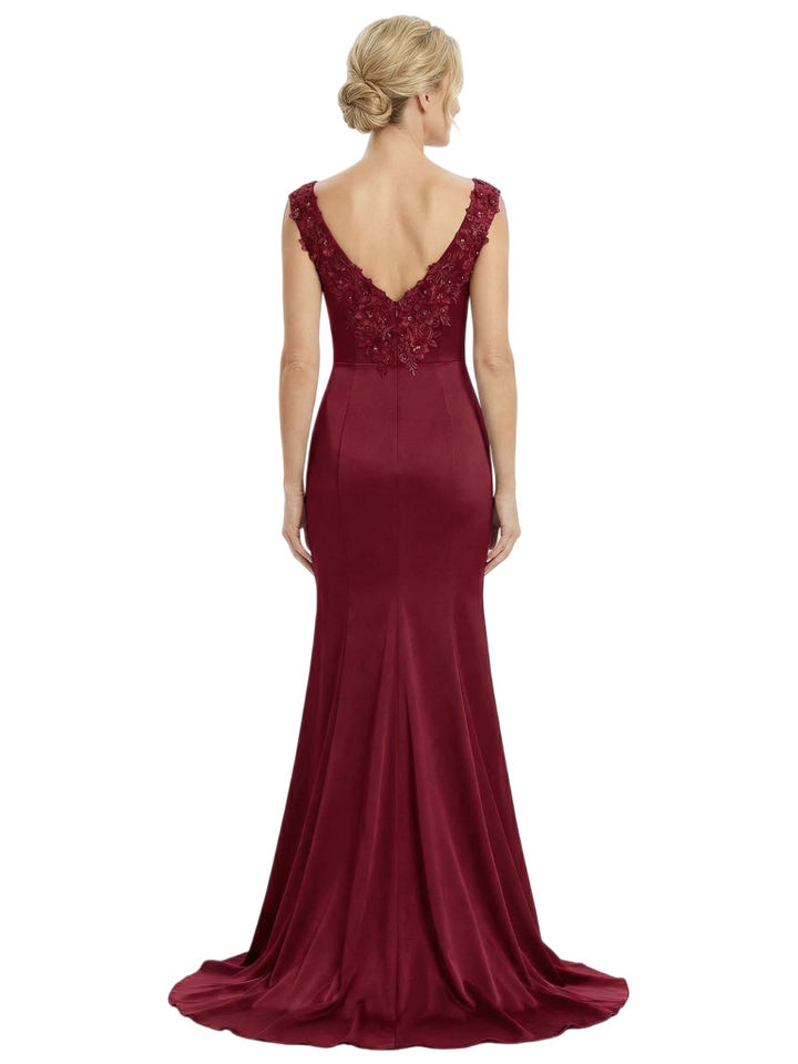Chicsew Mother of The Groom Dresses V-Neck Sleeveless Satin Mermaid Train Gown with Slit Elegant Beaded Formal Bridal Party Dress