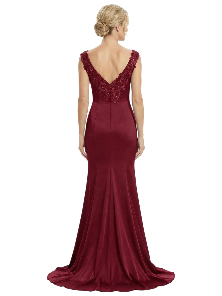 Chicsew Mother of The Groom Dresses V-Neck Sleeveless Satin Mermaid Train Gown with Slit Elegant Beaded Formal Bridal Party Dress