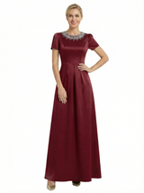 Chicsew Elegant Silky Satin Short Sleeves A-Line Beaded Maxi Mother of The Groom Dress