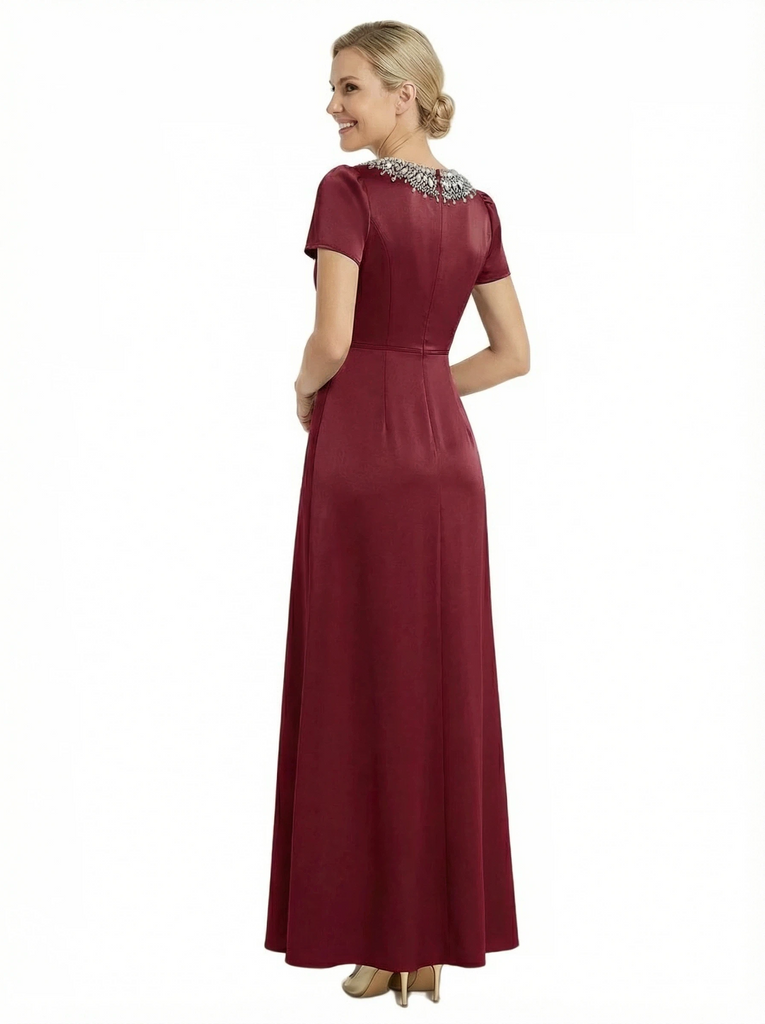 Chicsew Elegant Silky Satin Short Sleeves A-Line Beaded Maxi Mother of The Groom Dress