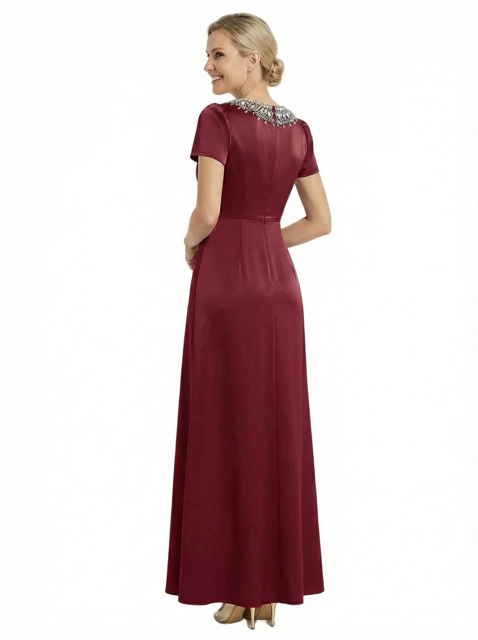 Chicsew Elegant Silky Satin Short Sleeves A-Line Beaded Maxi Mother of The Groom Dress