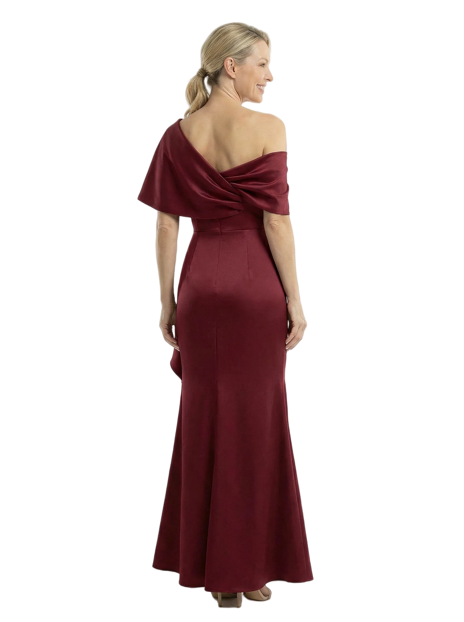 Chicsew Asymmetric Cape Sleeves Ruffle Mother Of The Groom Satin Mermaid Formal Gown