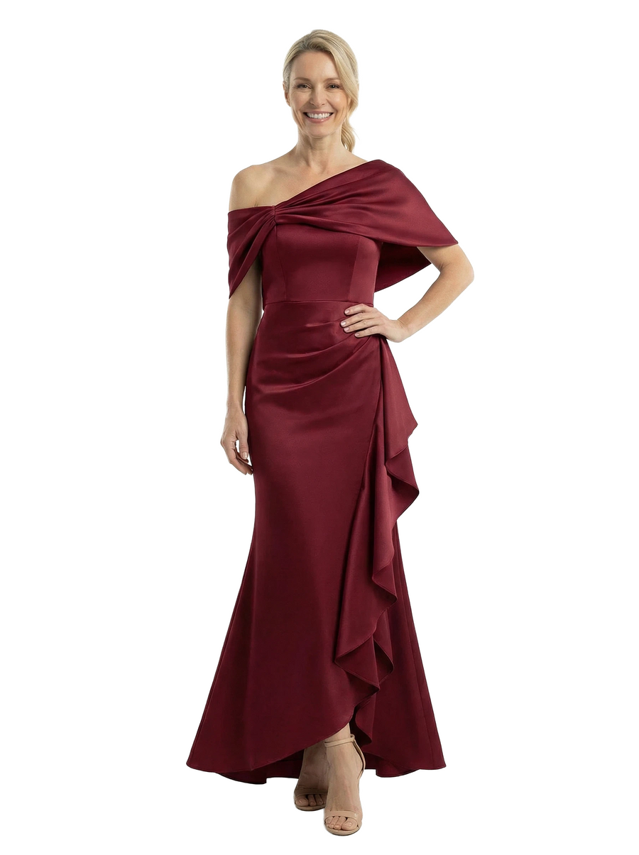 Chicsew Asymmetric Cape Sleeves Ruffle Mother Of The Groom Satin Mermaid Formal Gown