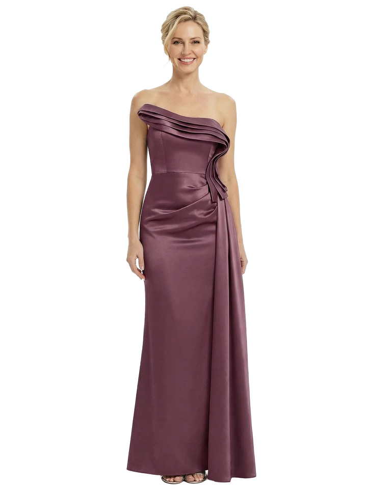 Chicsew Strapless Ruffle Mother Of The Bride Dresses Satin Modern Sheath Gown
