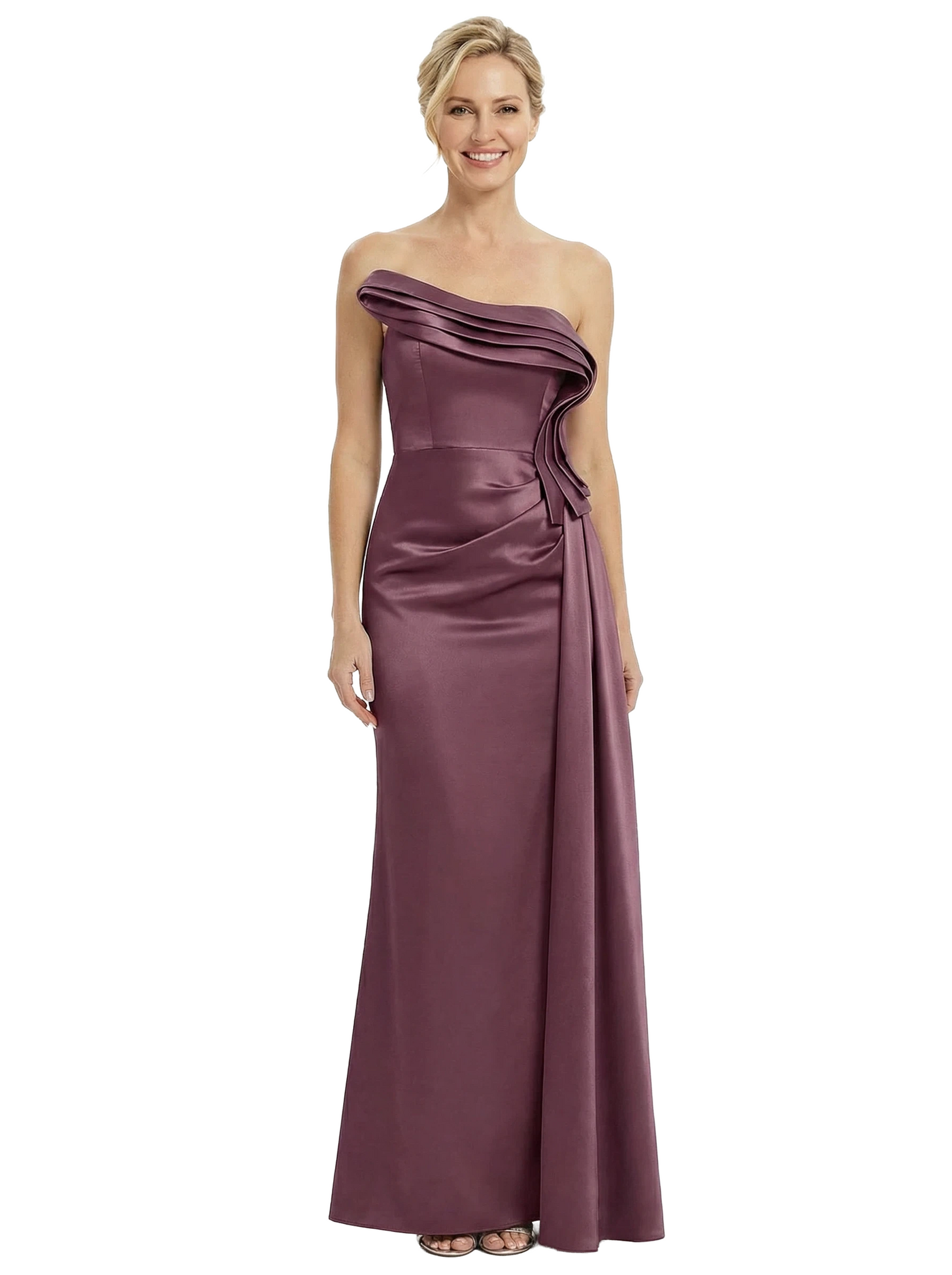 Chicsew Strapless Ruffle Mother Of The Bride Dresses Satin Modern Sheath Gown