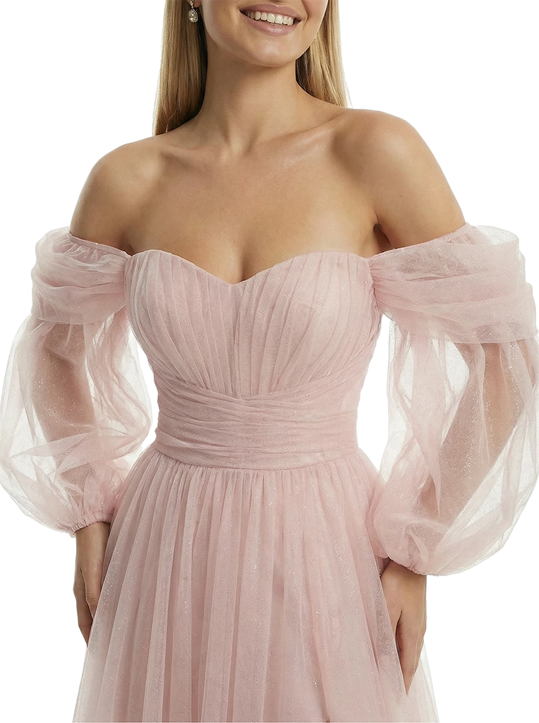 Chic Sweetheart Long Sleeves Side Slit Tulle A-Line Formal Prom Dress
