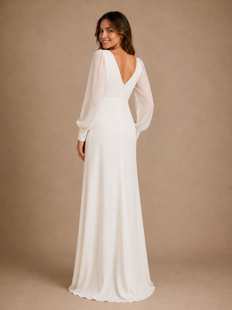 ChicSew Elegant Simple V-Neck Long Sleeves Chiffon Mermaid Long Wedding Dress