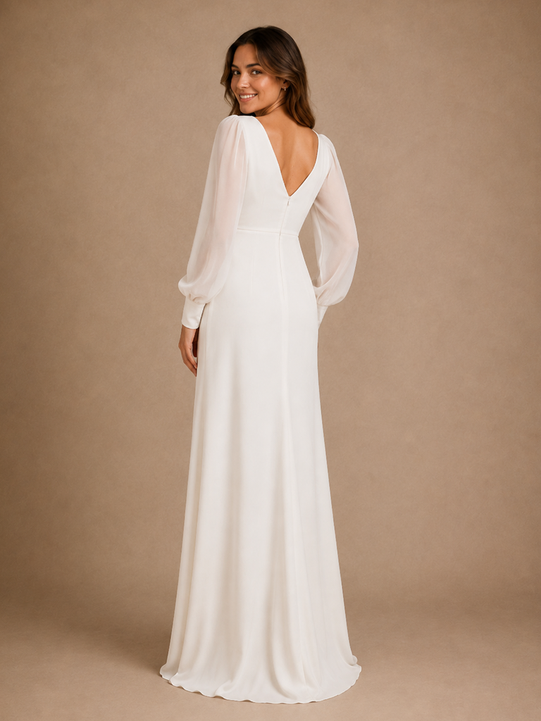 ChicSew Elegant Simple V-Neck Long Sleeves Chiffon Mermaid Long Wedding Dress
