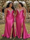 ChicSew Spaghetti Straps Boning Lace Appliques Side Slit Mermaid Soft Satin Bridesmaid Dresses