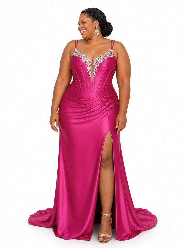 ChicSew Spaghetti Straps Boning Lace Appliques Side Slit Mermaid Soft Satin Bridesmaid Dresses — Flatter Your Figure