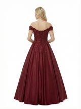 Unique Off The Shoulder Satin A-Line Lace Ball Gown Graduation Dress