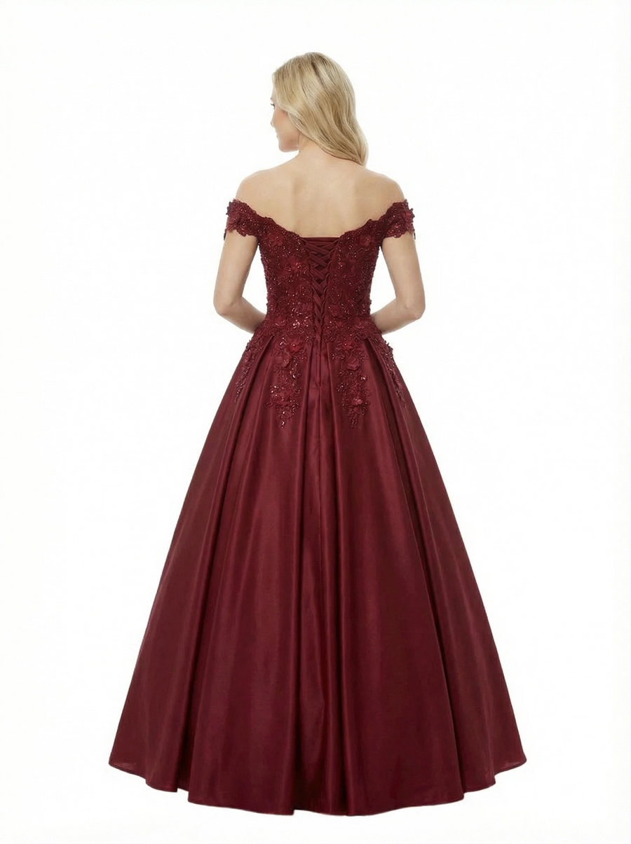 Unique Off The Shoulder Satin A-Line Lace Ball Gown Graduation Dress
