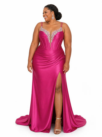 ChicSew Spaghetti Straps Boning Lace Appliques Side Slit Mermaid Soft Satin Bridesmaid Dresses