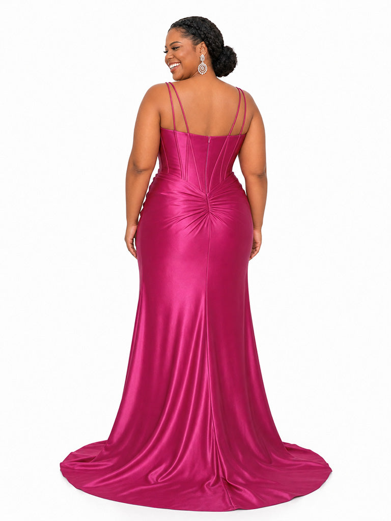 ChicSew Spaghetti Straps Boning Lace Appliques Side Slit Mermaid Soft Satin Bridesmaid Dresses