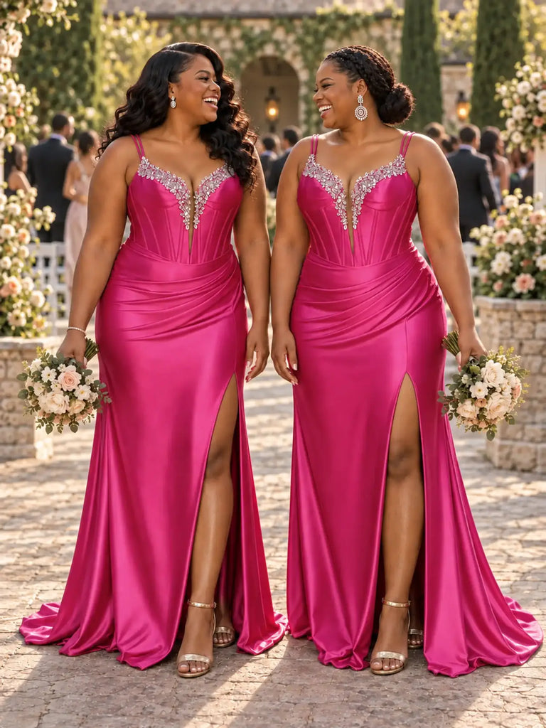 ChicSew Spaghetti Straps Boning Lace Appliques Side Slit Mermaid Soft Satin Bridesmaid Dresses