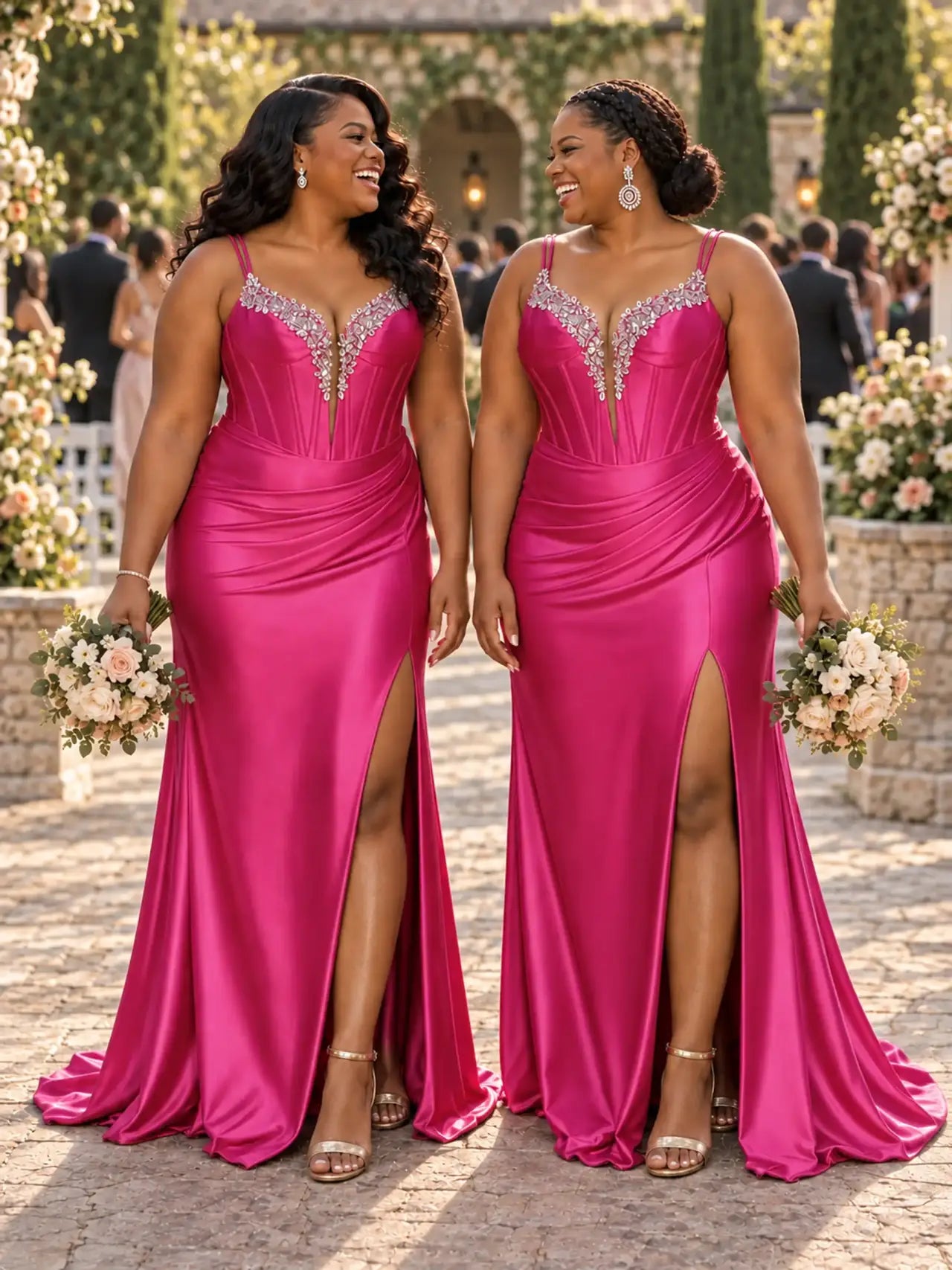 ChicSew Spaghetti Straps Boning Lace Appliques Side Slit Mermaid Soft Satin Bridesmaid Dresses