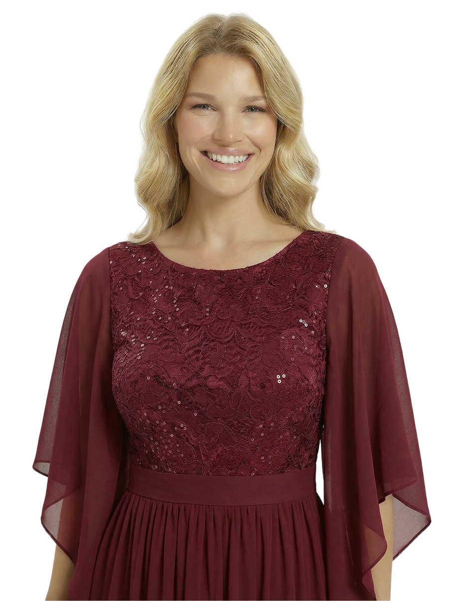 Chicsew Elegant Jewel 3/4 Sleeves A-Line Lace Appliques Chiffon Mother Of The Bride Dress