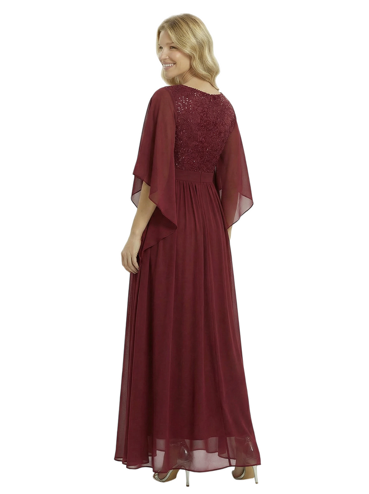 Chicsew Elegant Jewel 3/4 Sleeves A-Line Lace Appliques Chiffon Mother Of The Bride Dress