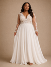 ChicSew Elegant Fancy V-Neck Lace Applique Chiffon Long Sleeves A-Line Maxi Wedding Dress
