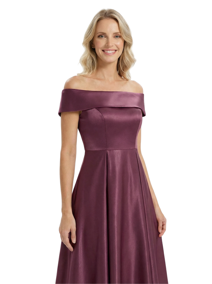 Chicsew Elegant Off Shoulder Tea-Length Satin A-Line Mother Of The Bride Dresses