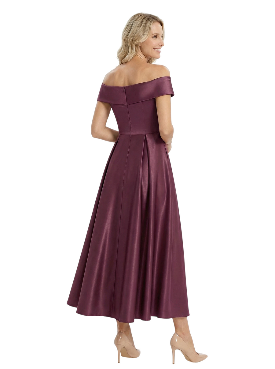 Chicsew Elegant Off Shoulder Tea-Length Satin A-Line Mother Of The Bride Dresses